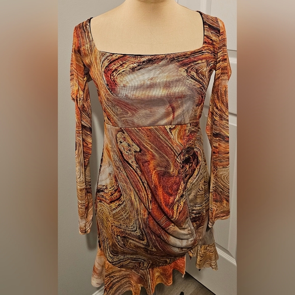 PrettyLittleThing  NWT Orange Mesh Animal Print Long  Sleeve Dress Sz 8 - Picture 2 of 11
